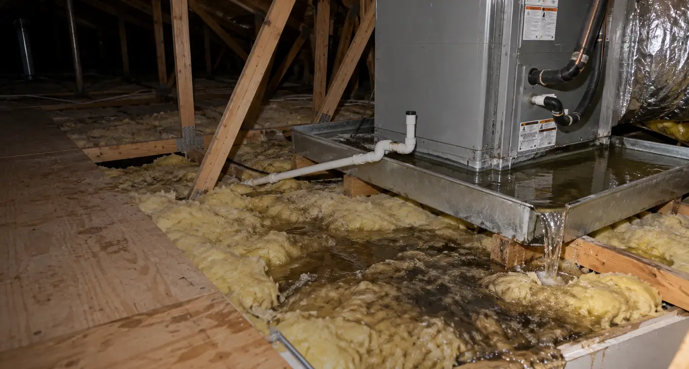 Condensate overflowing from the secondary drain pan under an attic air handler onto soaked insulation