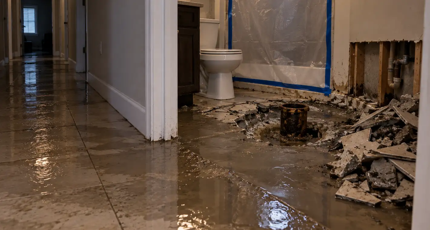 Floor tile broken out around a corroded cast iron drain stub, with containment sheeting taped across the doorway