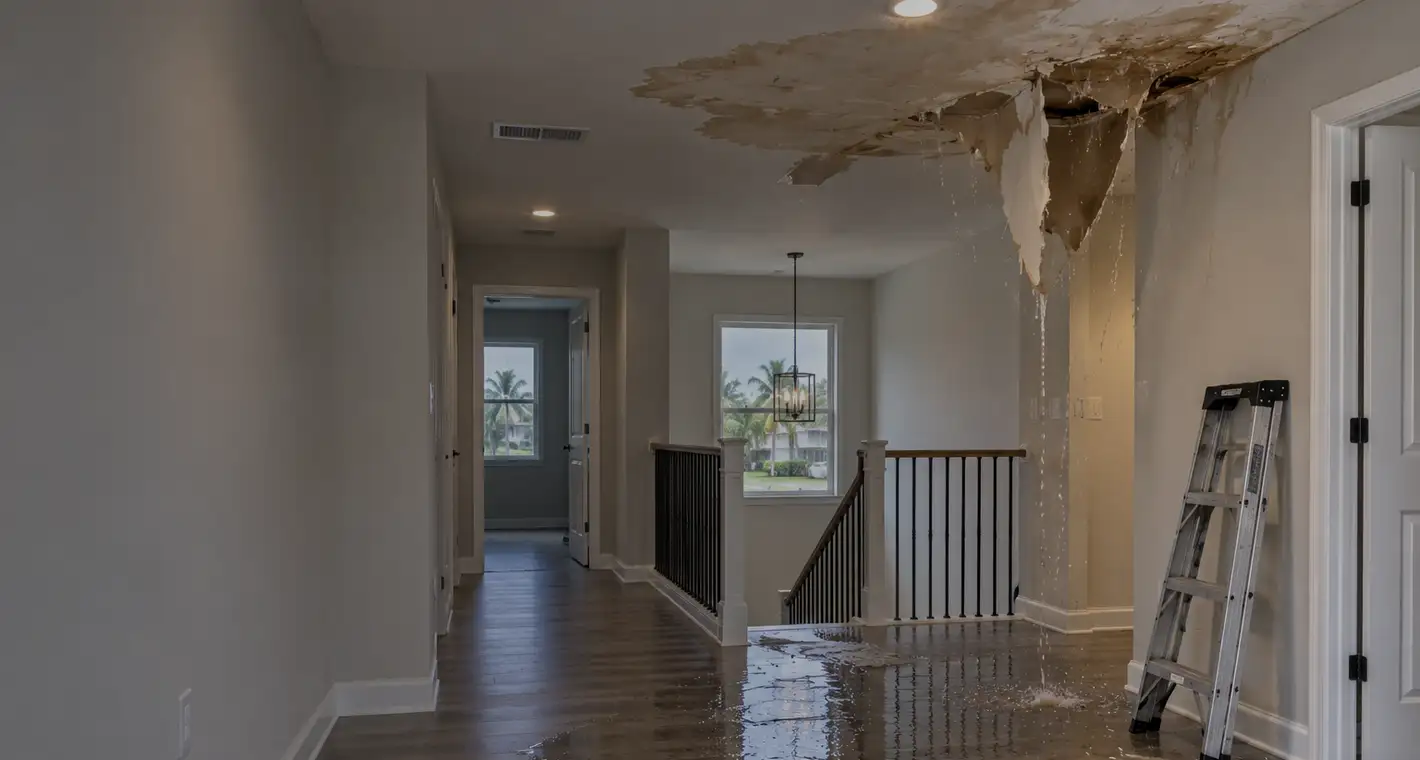 Ceiling drywall sagging and dripping onto the landing of a newly built two-story house