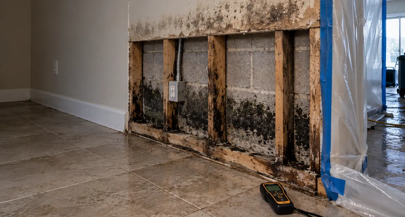 Growth on framing and concrete block behind drywall cut away at the wall base, with a moisture meter on the floor